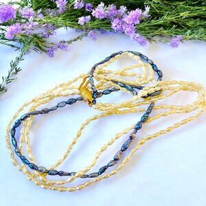 Vintage Fresh Water Pearl Necklace 3 Strands White & Blue Sterling Silver Clasp